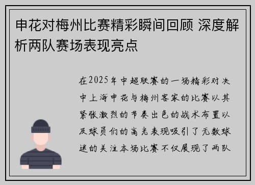 申花对梅州比赛精彩瞬间回顾 深度解析两队赛场表现亮点