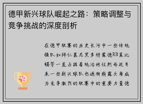 德甲新兴球队崛起之路：策略调整与竞争挑战的深度剖析