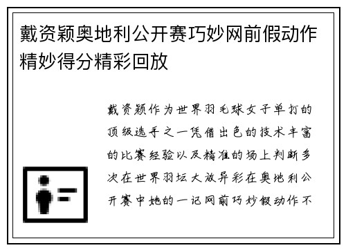 戴资颖奥地利公开赛巧妙网前假动作精妙得分精彩回放