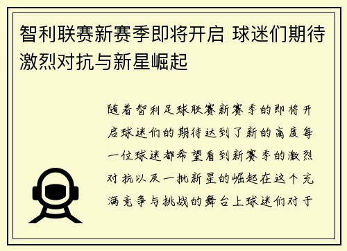 智利联赛新赛季即将开启 球迷们期待激烈对抗与新星崛起