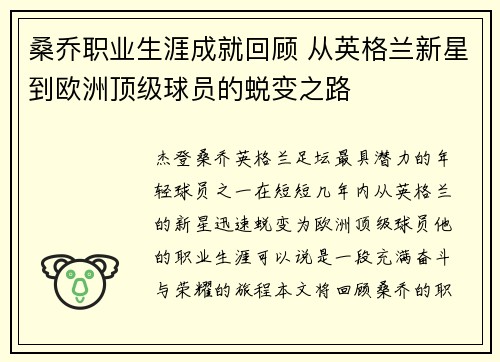 桑乔职业生涯成就回顾 从英格兰新星到欧洲顶级球员的蜕变之路